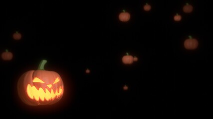 Jack O’ Lanterns Glowing in the darkness. Pumpkin falling Halloween background. 3D rendering image
