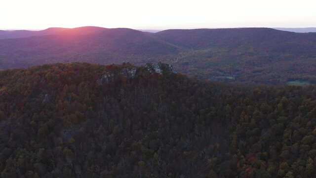 Sunset at the Trout Run Valley and Big Schloss, Great North Mountain the border between Virginia and West Virginia. An aerial shot it the autumn.