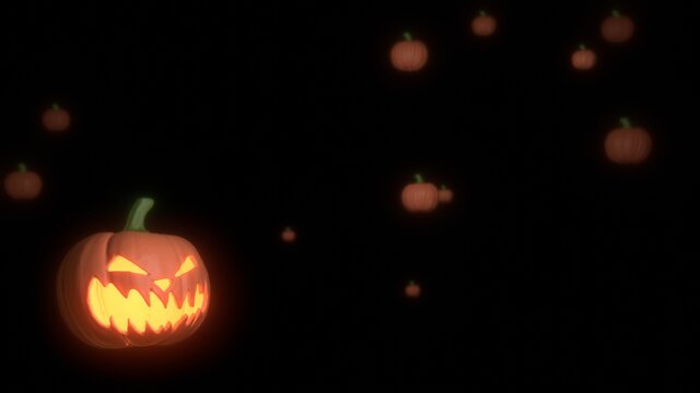 Jack O’ Lanterns Glowing in the darkness. Pumpkin falling Halloween background. 3D rendering image