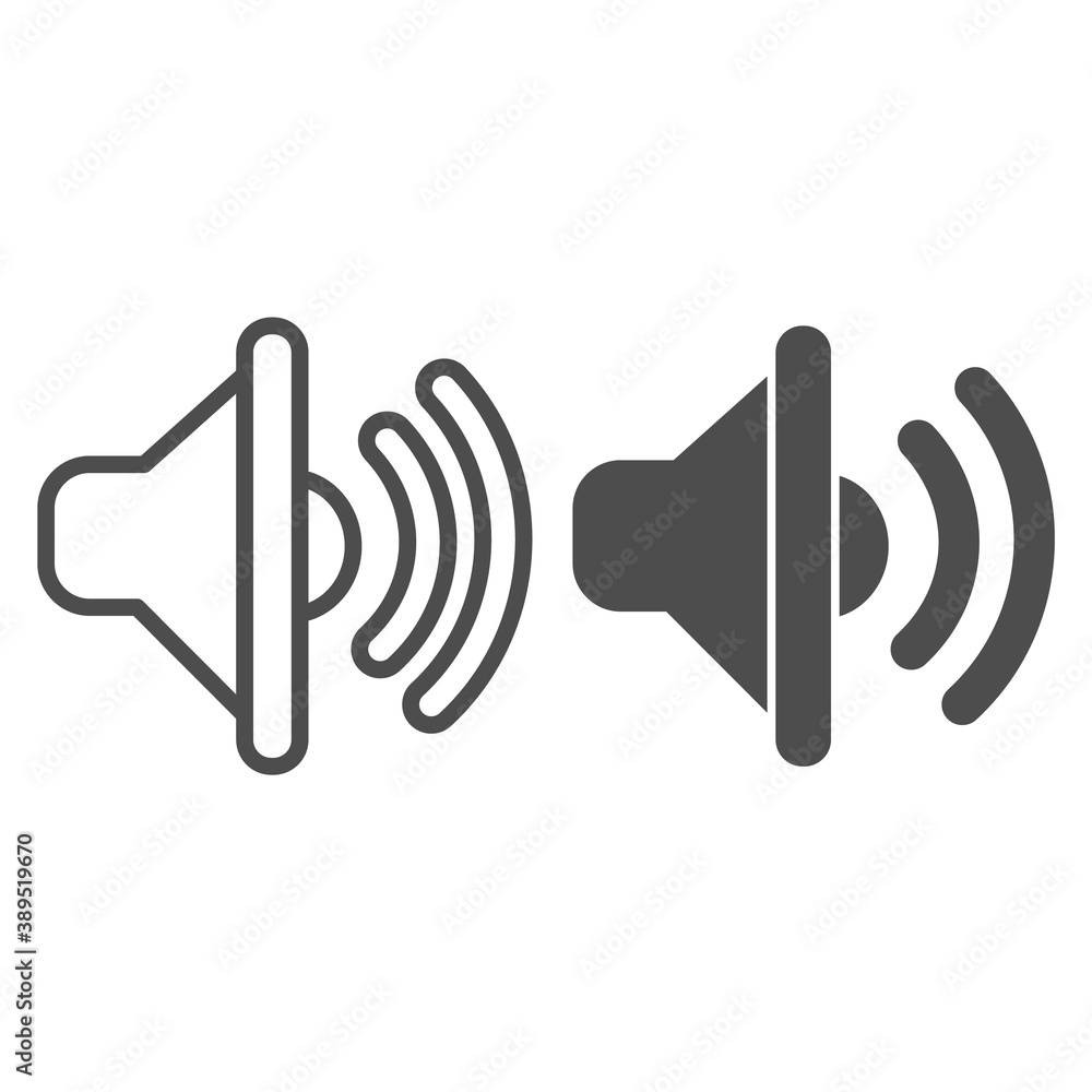 Poster loudspeaker line and solid icon, sound design concept, volume sign on white background, megaphone ic