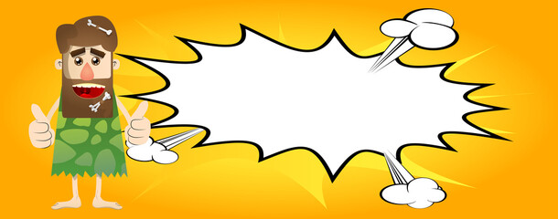 Fototapeta premium Cartoon caveman making thumbs up sign with two hands. Vector illustration of a man from the stone age.