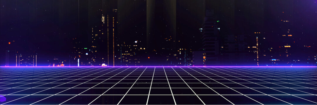 Retro cyberpunk style 80s Sci-Fi Background Futuristic with laser grid landscape. Digital cyber surface style of the 1980`s. 3D illustration. For banner