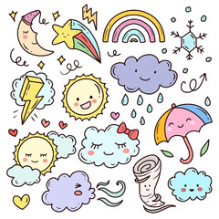 Set of weather cute kawaii doodle vector
