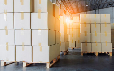 Cargo boxes, Shipment, Manufacturing and warehousing. Stack of cardboard boxes at the warehouse storage.