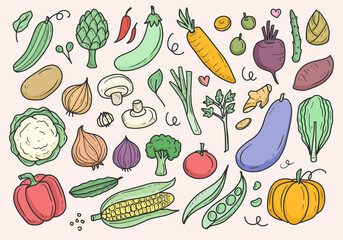 Cute vegetables vector doodle drawing set