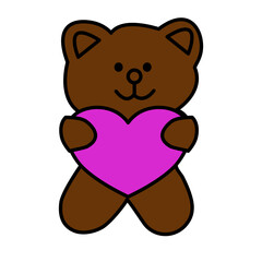 cute brown bear holding pink heart on white background
