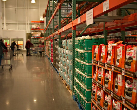 BRAINERD, MN - 11 FEB 2019: Bags Of Coffee Stacked On Pallets At Costco Store, The Largest Membership-only Warehouse Club In USA.