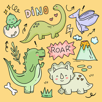 Set of dino doodle drawing collection vector