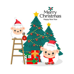 Christmas theme  Sheep wearing Santa cap hat.Vector illustration.