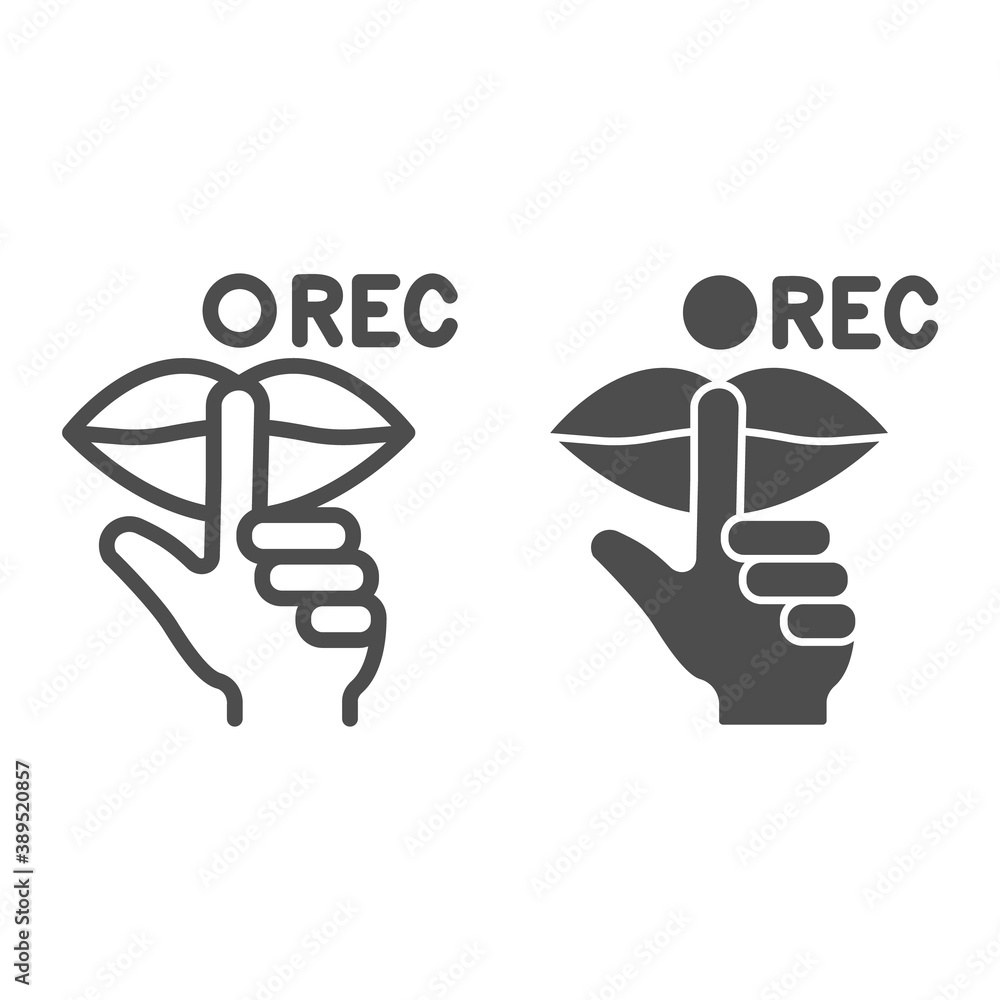 Poster finger in front of lips line and solid icon, sound design concept, silence during audio record sign 