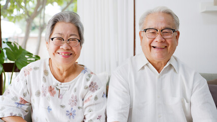 Portrait happy Asian senior couple smiling and laughing at home © Nattakorn