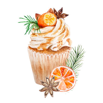 Watercolor Christmas Cupcake With Decor