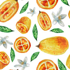Seamless pattern of orange kumquat fruits and flowers on a white background. Watercolor pattern of kumquat fruit cut in half and slices. Christmas Appetizing background. Chinese new year
