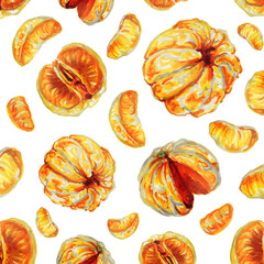 Watercolor seamless pattern of whole tangerines and slices, on a white background. Botanical watercolor illustration of the fruit of Mandarin orange without a peel.Christmas background.new-year fruits
