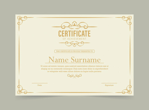 Certificate of achievement template in vector with applied Thai line in yellow gold tone