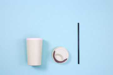 Metal drinking straws, bamboo coffee cup. Zero waste concept.