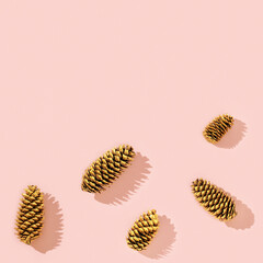 Christmas decorations from natural pine cone painted golden colored on pink. Trendy winter holiday background