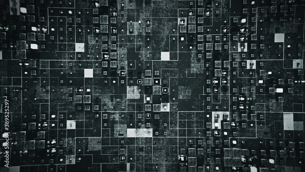 Poster dark surface with cubes 3d render