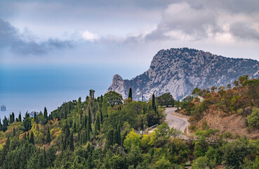 Rocky mountain on sea shore with high green trees on slope