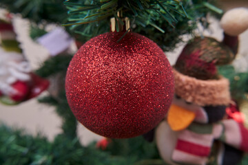 closeup of christmas ball hanging on tree