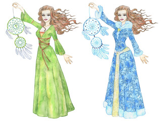 Colorful set with dress up paper doll, body template, seasonal costumes and dress of winter and spring concept, holding dreamcatcher isolated on white.