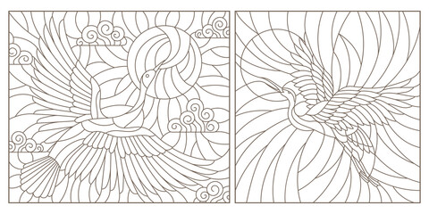 Set of contour illustrations of stained glass Windows with swans against the sky, dark outlines on a white background, rectangular images