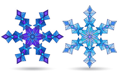 Set of illustrations in stained glass style with openwork snowflakes, isolated on a white background