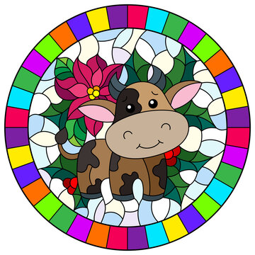 Illustration in stained glass style on the theme of the winter holidays of Christmas and New year, a toy bull on the background of Holly branches, round images in a bright frame