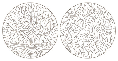 Set of contour illustrations of stained glass Windows with abstract trees, dark outlines on a white background, round images