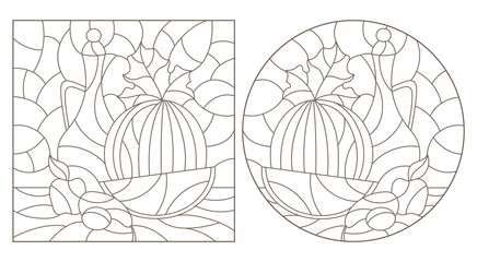Set of contour illustrations of stained glass Windows with still lifes, a jug and a cut watermelon, dark outlines on a white background