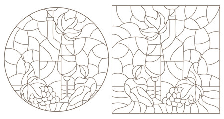 Set of contour illustrations of stained glass Windows with still lifes, a bottle of wine, a glass and fruit, dark outlines on a white background