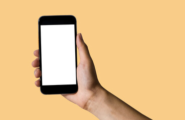 Hand holding white mobile phone with blank white screen.