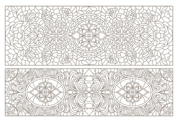Set contour illustrations of stained glass with abstract swirls and flowers , horizontal orientation