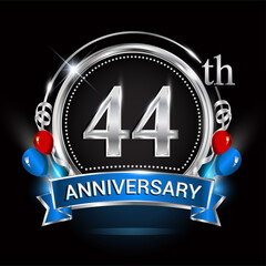 Fototapeta na wymiar 44th anniversary logo with silver ring, balloons and blue ribbon. Vector design template elements for your birthday celebration.