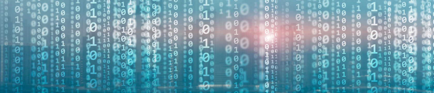 Binary computer code virtual city skyline. Matrix Mixed Media Background.