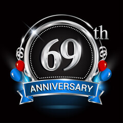 69th anniversary logo with silver ring, balloons and blue ribbon. Vector design template elements for your birthday celebration.
