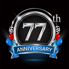 77th anniversary logo with silver ring, balloons and blue ribbon. Vector design template elements for your birthday celebration.