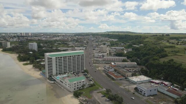 Aerial Drone footage panning over Agana Bay on the Island of Guam