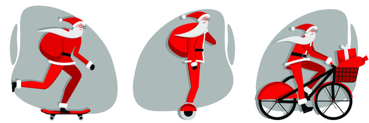 Vector image of Santa Claus on a gyro. Image for using postcards, websites, and banners. Modern Santa Claus is a hipster.