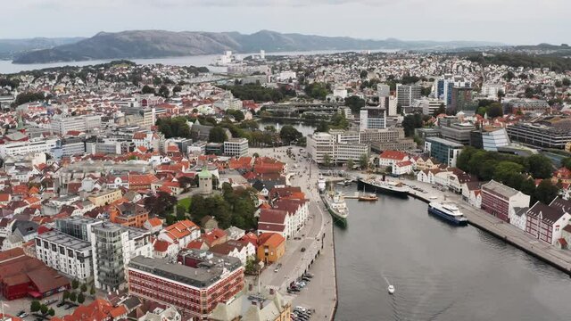 Aerial View of Stavanger City, Norway. Harbor, Waterfront and Downtown Cityscape of Oil Capitol of Scandinavia, Drone Shot