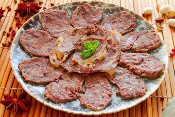 Sliced beef with tendon close up. Chinese food