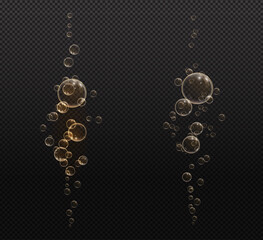 Gold fizzy bubbles. Sparkles champagne. Fizzy pop and effervescent drink. Abstract fresh soda and air bubbles, oxygen, champagne crystal. Vector illustration on black transparent background.