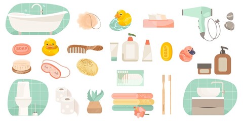 Set of bathroom equipments illustration. Vector icons of human body hygiene equipment for bathroom interior design