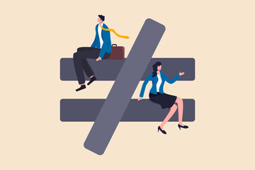 Gender inequality, unequal discrimination on lady or woman such as career, work or social rights issue concept, unequal or not equal sign with businessman on top level and businesswoman on lower level