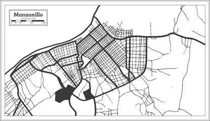 Manzanillo Cuba City Map in Black and White Color in Retro Style. Outline Map.