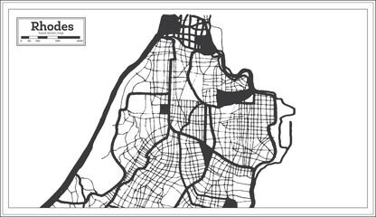 Rhodes Greece City Map in Black and White Color in Retro Style. Outline Map.