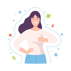 Young Female Character with Strong Immune Resistance to Bacterial Attack Showing Thumb Up Vector Illustration