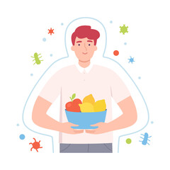 Young Male Character Holding Vitaminic Fruits Vector Illustration