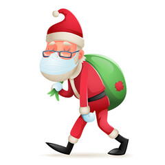 Fototapeta na wymiar Christmas protective medical mask Santa Claus gift bag cartoon walk character design vector illustration
