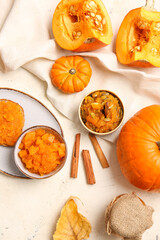 Tasty pumpkin jam on table